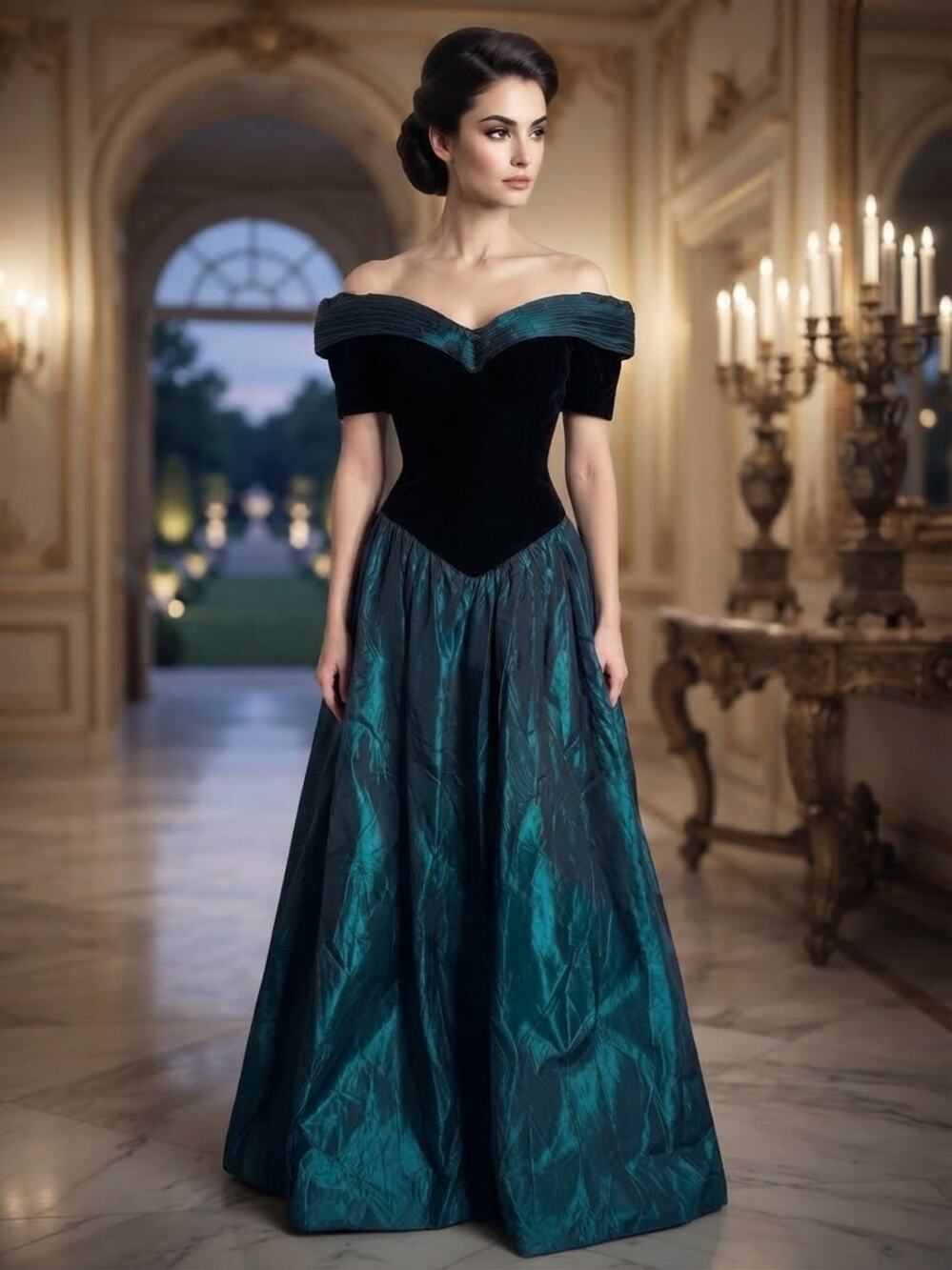 VTG 80s Black Velvet & Teal Taffeta Prom Dress Gown Basque Waist ILGWU sz12